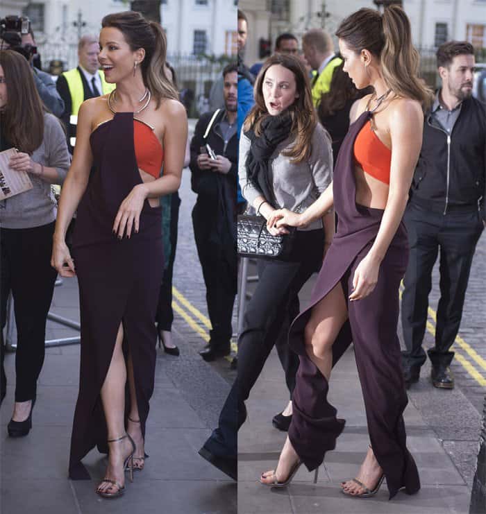 Kate Beckinsale wearing bi-color cutout halter dress by Thierry Mugler with metal neckline