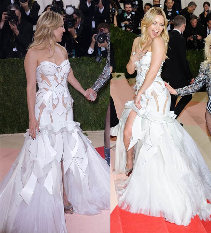Kate Hudson opted for a personalized white strapless gown from Atelier Versace, which incorporated sheer panels and captivating cut-outs at the "Manus x Machina: Fashion In An Age of Technology" Costume Institute Gala