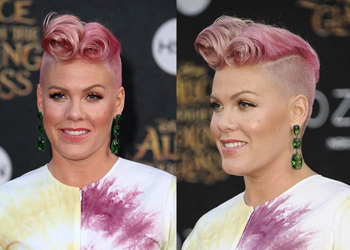 Pink wore her hair in her signature color, in a faux-hawk style, with coiffed ends