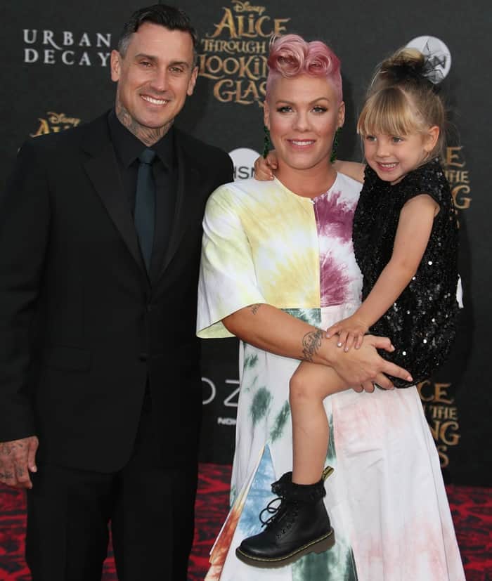 Joining Pink at the premiere of "Alice Through the Looking Glass" at the iconic El Capitan Theatre in Hollywood on May 23, 2016, husband Carey Jason Phillip Hart and daughter Willow Sage Hart rocked stylish black ensembles, while Willow herself dazzled in rock star glam, fearlessly pairing her sequined dress with striking Doc Marten's boots, stealing the spotlight
