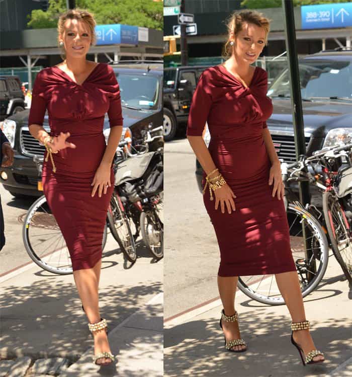 Blake Lively appeared at ABC Studios on "The Chew," wearing a three-quarter sleeve bordeaux fitted dress from Oscar de la Renta's Pre-Fall 2016 collection with jewelry from Van Cleef & Arpels and Lorraine Schwartz, along with beaded ankle strap sandals in Manhattan
