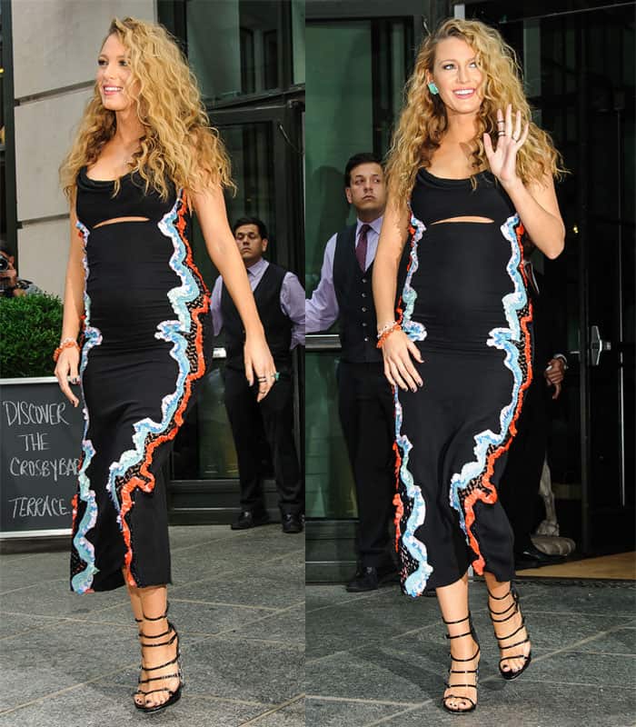 Blake Lively effortlessly rocked a black midi dress from Versace's Fall 2016 collection while leaving the Crosby Street Hotel en route to an appearance on the Seth Meyers show