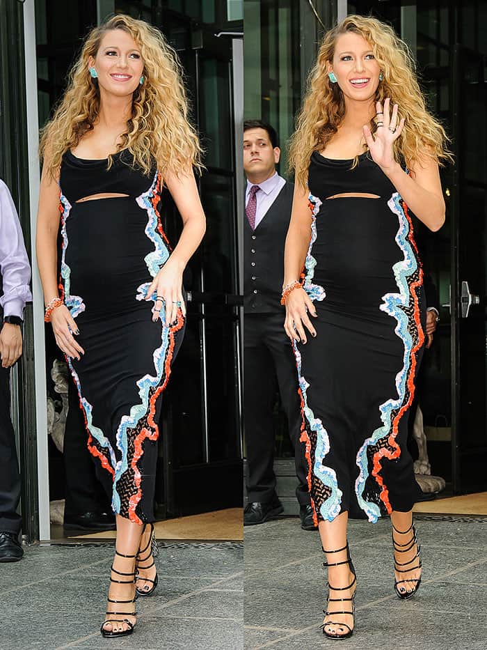Blake Lively stepped out of her New York hotel in a dazzling Versace ensemble that shimmered with sequins and glitter