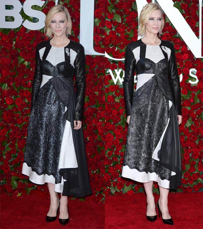 Cate Blanchett confidently graced the red carpet in an edgy Louis Vuitton outfit featuring leather sleeves at the 2016 Tony Awards