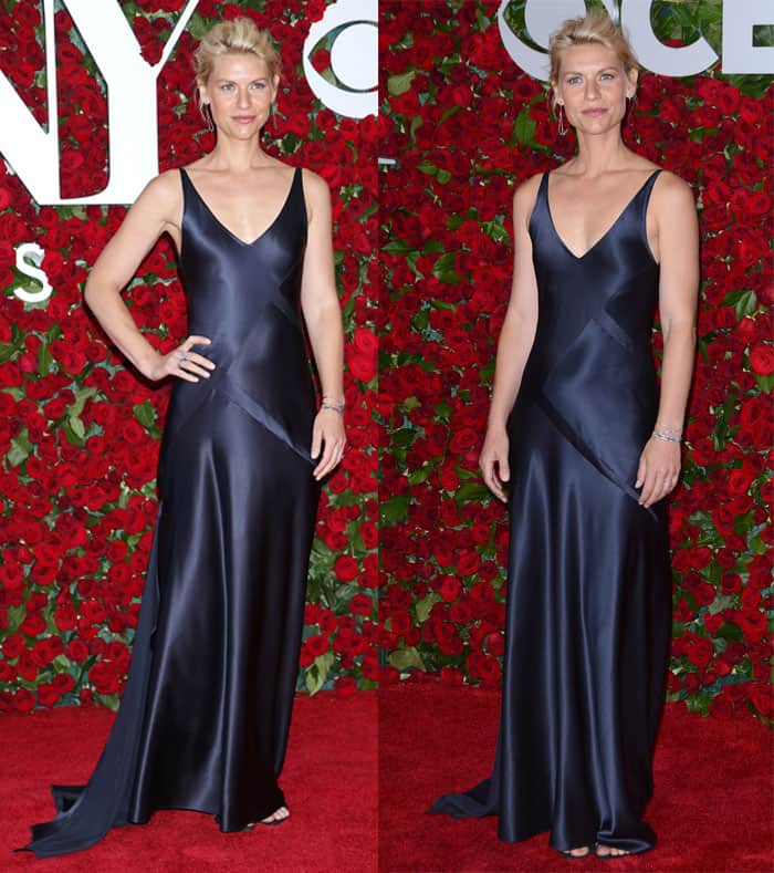 Claire Danes selected a sleek floor-length bias-cut gown devoid of ornate embellishments, allowing her well-defined arms, shoulders, and décolletage to take center stage at the 2016 Tony Awards