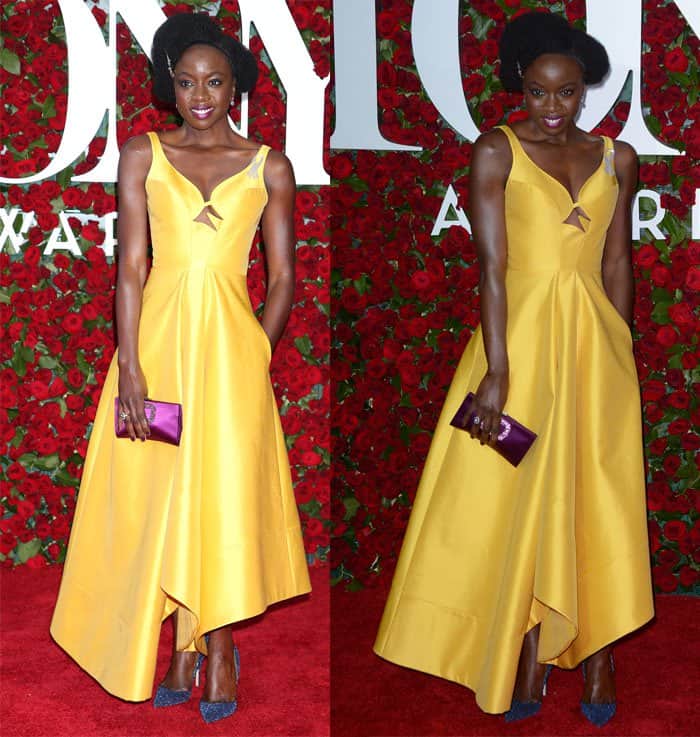 Danai Gurira donning a Rosie Assoulin frock expertly tailored for glamour, distinguished by a striking, asymmetrical jagged cutout at the 2016 Tony Awards