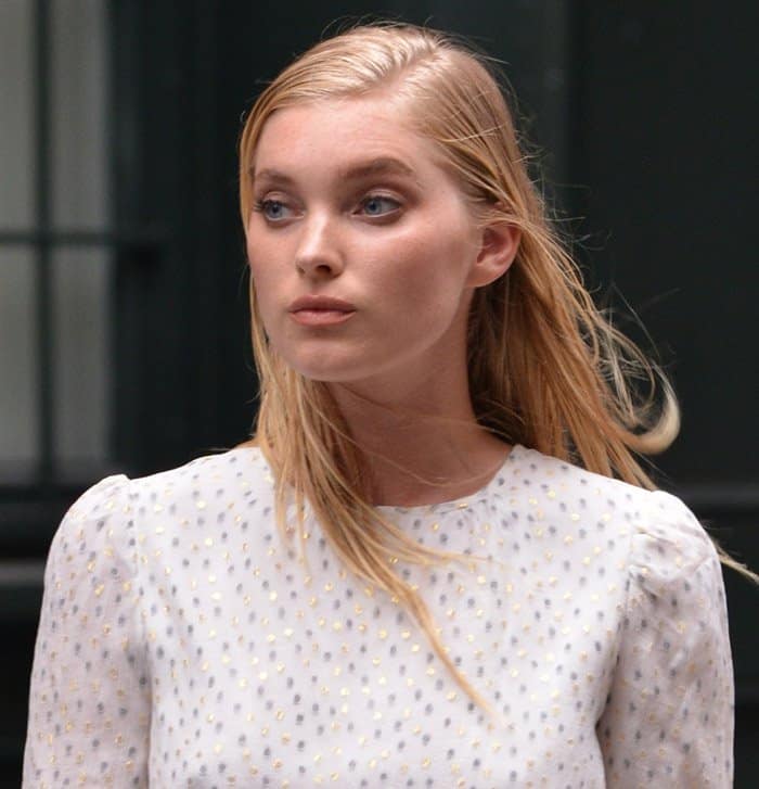 Elsa Hosk, who is of mixed Swedish and Finnish ethnicity, wearing a short dress in Tribeca, Manhattan, New York