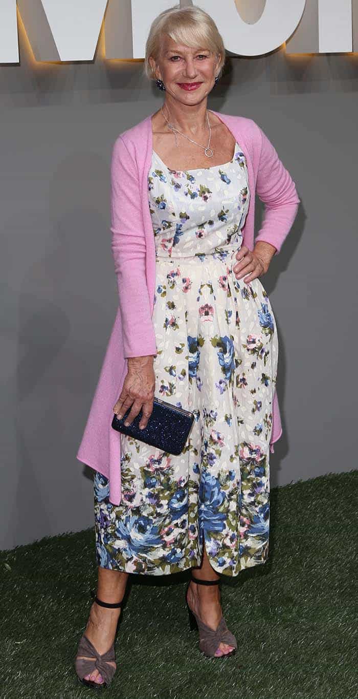 Helen Mirren styled her floral dress with a pink cardigan