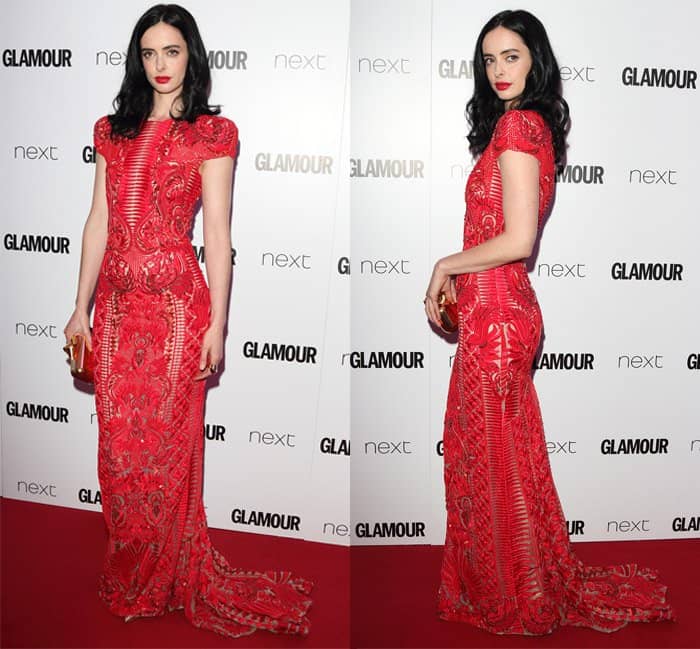 The vivid red hue of Krysten Ritter's gown harmonized seamlessly with her snow-white complexion and jet-black hair