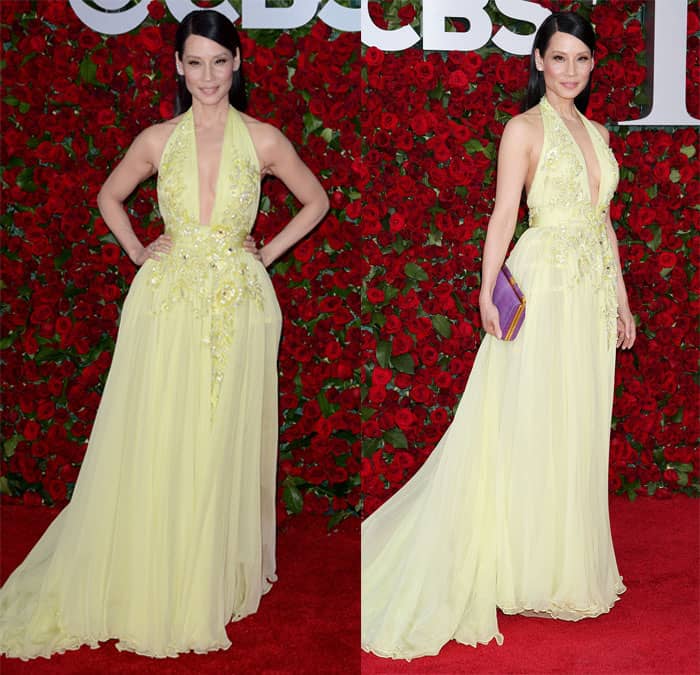 Lucy Liu graced the event in a stunning yellow chiffon dress adorned with intricate floral embroidery cascading down the bodice to the navel at the 2016 Tony Awards