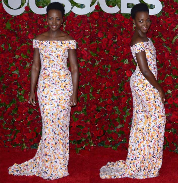 Lupita Nyong'o wore a custom Jason Wu for Hugo Boss off-the-shoulder column dress with special hand-embroidered, 3-D effect layered sequins and a cut-out back at the 2016 Tony Awards