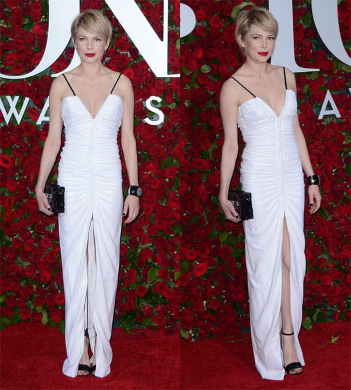 Michelle Williams exuded timeless elegance with a nod to Marilyn Monroe through her deep red lipstick and a white Louis Vuitton gown at the 2016 Tony Awards