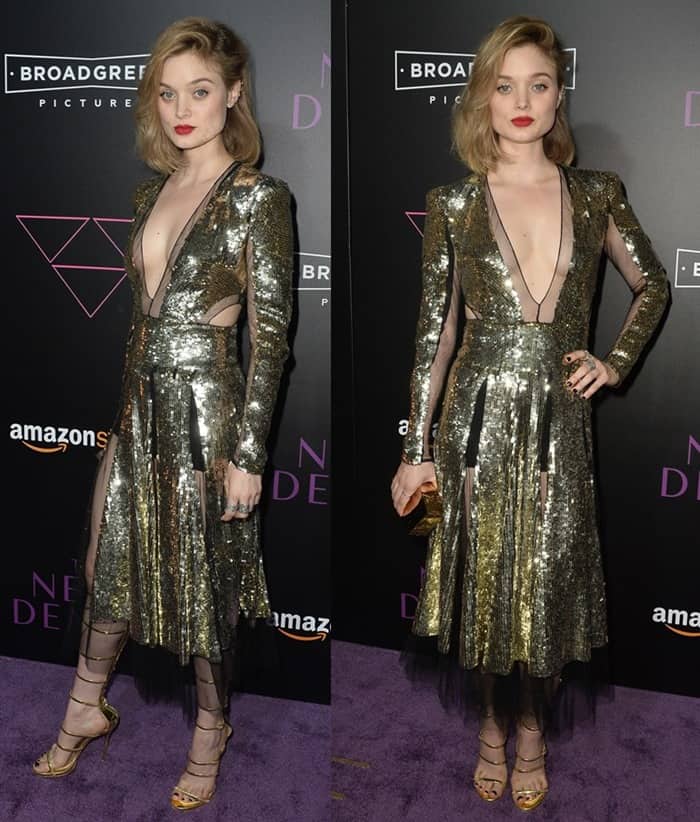Bella Heathcote donned an Alexander McQueen Pre-Fall 2016 long-sleeve gold sequin dress at "The Neon Demon" Los Angeles Premiere