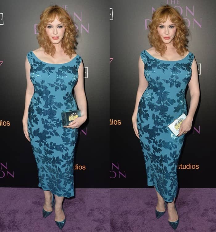 Christina Hendricks accessorized with an Anya Hindmarch 'Boom' box clutch and stylish blue metallic heels at "The Neon Demon" Los Angeles Premiere