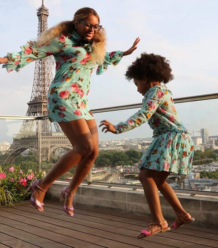 Beyonce and Blue Ivy in matching Gucci floral dresses paired with pink sandals