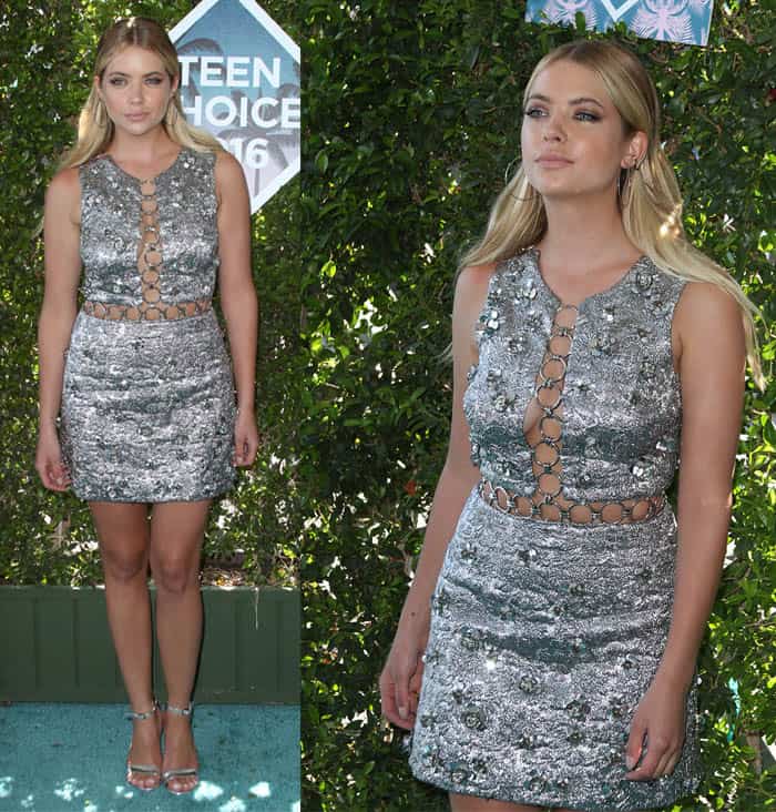 Ashley Benson made a dazzling appearance on the red carpet of the 2016 Teen Choice Awards, exuding sheer elegance in a mesmerizing metallic mini dress crafted by the renowned fashion designer Michael Kors