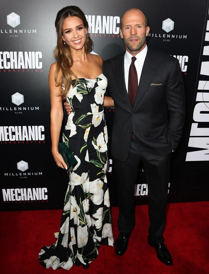 Jessica Alba with co-star Jason Statham at the premiere of "Mechanic: Resurrection"