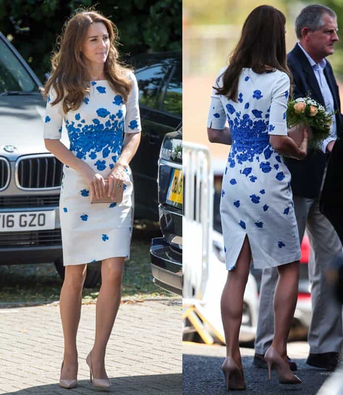 Radiant as ever, the Duchess of Cambridge adorned herself in a breathtaking white L.K.Bennett Lasa sundress adorned with azure blossoms, perfectly complemented by nude heels