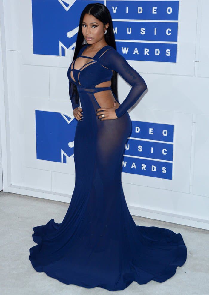 Nicki Minaj wearing a revealing number by Bao Tranchi at the 2016 MTV Video Music Awards held at Madison Square Garden in New York City on August 28, 2016