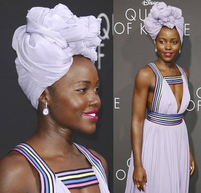 Lupita Nyong'o effortlessly donned a flowing lavender gown by Elie Saab, complemented by a perfectly matched head wrap