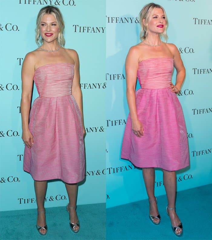 Ali Larter looked stunning in a Monique Lhuillier strawberry and lipstick pink strapless ottoman organza color-block dress
