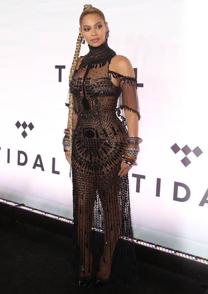 Beyonce turns heads in a sheer dress by Guillermo Gattioni and Christian Louboutin’s 'So Kate' pumps