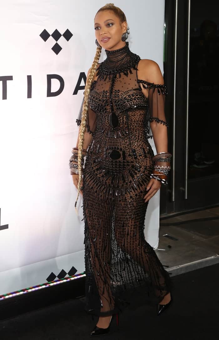 Beyonce in a heavily-embellished sheer dress from Gattinoni Couture
