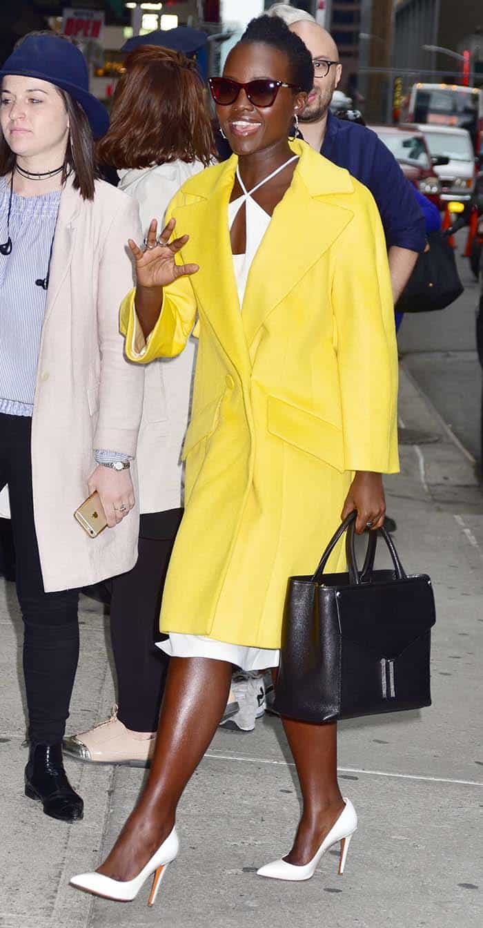 Lupita Nyong'o's zesty, lemonade-yellow Escada coat was no exception to her great sense of style, as seen outside the studios of The Late Show with Stephen Colbert in New York City