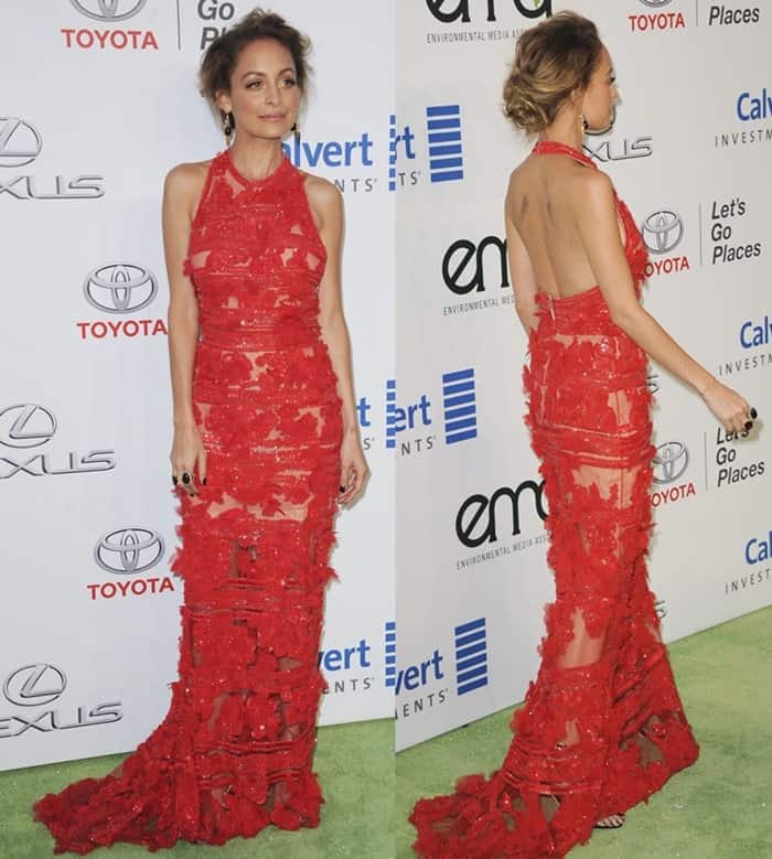 Nicole Richie chose to wear a red sheer beaded and sequined Elie Saab halter floor-length dress with nude underlining featuring a short train detail