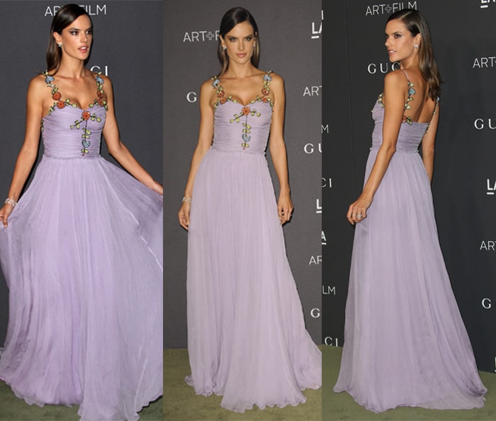 Alessandra Ambrosio made a captivating appearance in a delicate lavender silk-chiffon gown from Gucci's Pre-Fall 2016 collection