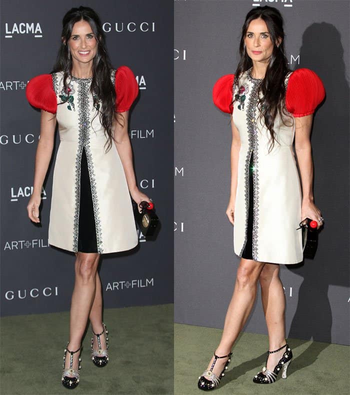 Demi Moore chose a Gucci cocktail dress featuring plissé sleeves at the 2016 LACMA Art + Film Gala