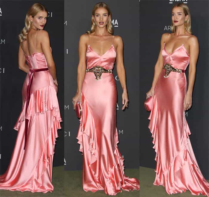 Rosie Huntington-Whiteley wore a pink silk slip dress from the Gucci Resort 2017 collection at the 2016 LACMA Art + Film Gala