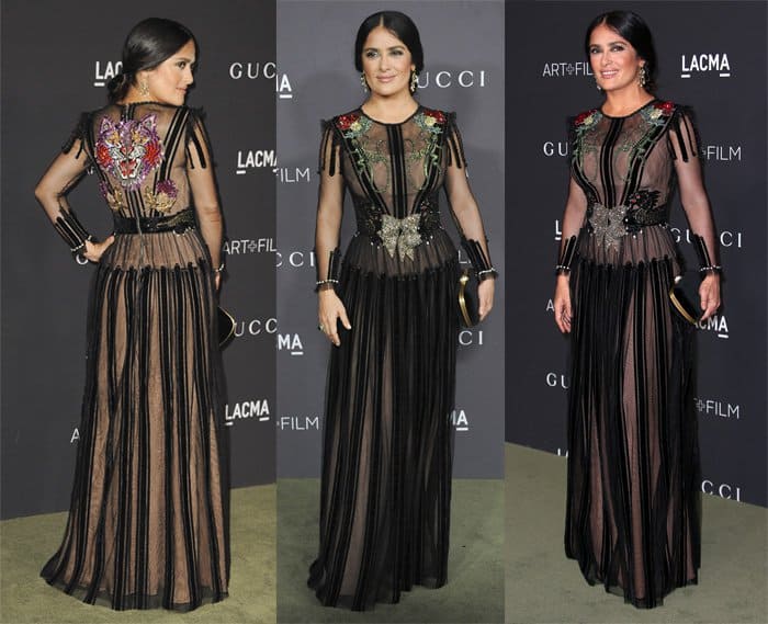 Salma Hayek donned a sheer black tulle floor-length dress with long sleeves from Gucci's Spring 2017 collection