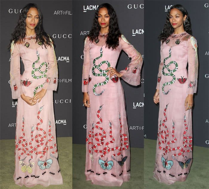Zoe Saldana wore a pale pink chiffon dress adorned with intricate motifs of a snake, dragonfly, butterfly, and ladybug at the 2016 LACMA Art + Film Gala