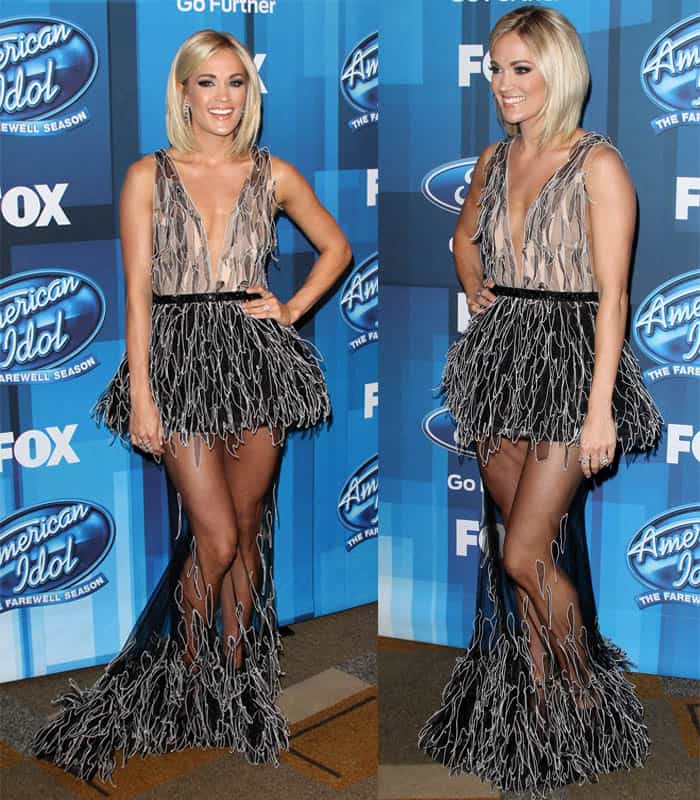 Carrie Underwood wore a Yanina Couture gown at Fox’s American Idol Finale in Los Angeles on April 7, 2016