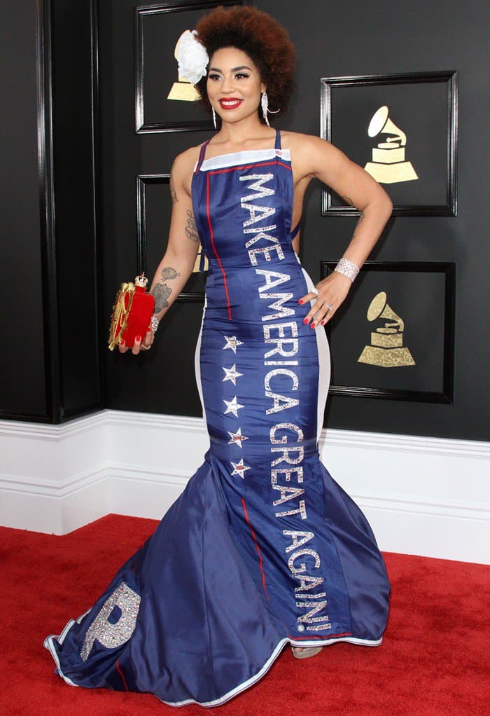 Singer Joy Villa donned a dress designed by Andre Soriano with President Trump‘s “Make America Great Again” slogan emblazoned on the front at the 2017 Grammy Awards held at the Staples Center in Los Angeles on February 12, 2017