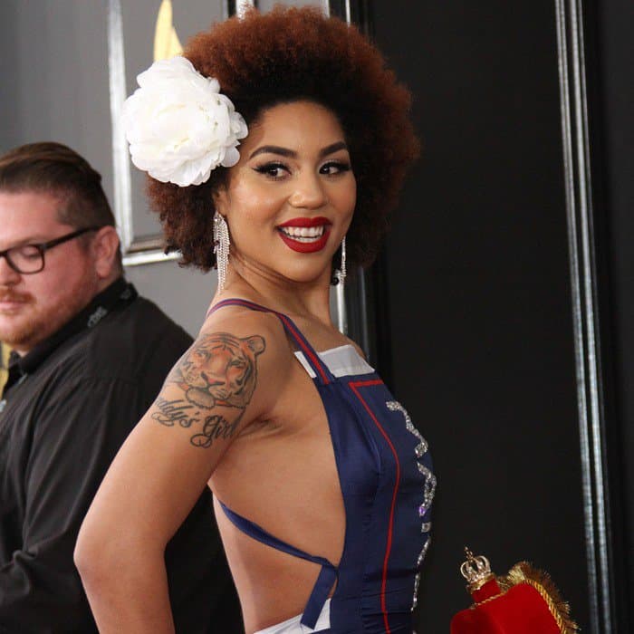 Singer Joy Villa donned a dress designed by Andre Soriano with President Trump‘s “Make America Great Again” slogan emblazoned on the front at the 2017 Grammy Awards held at the Staples Center in Los Angeles on February 12, 2017
