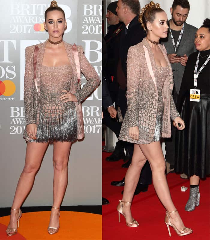 Katy Perry wears an embellished mini Atelier Versace dress at the Brit Awards 2017