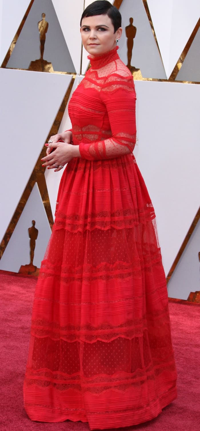 Ginnifer Goodwin wearing a red lace gown from Zuhair Murad at the 2017 Oscars