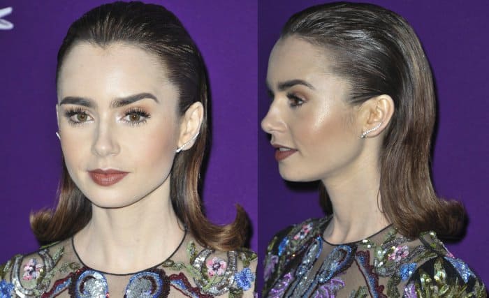 Lily Collins wearing Alexander McQueen at the 19th Costume Designers Guild Awards