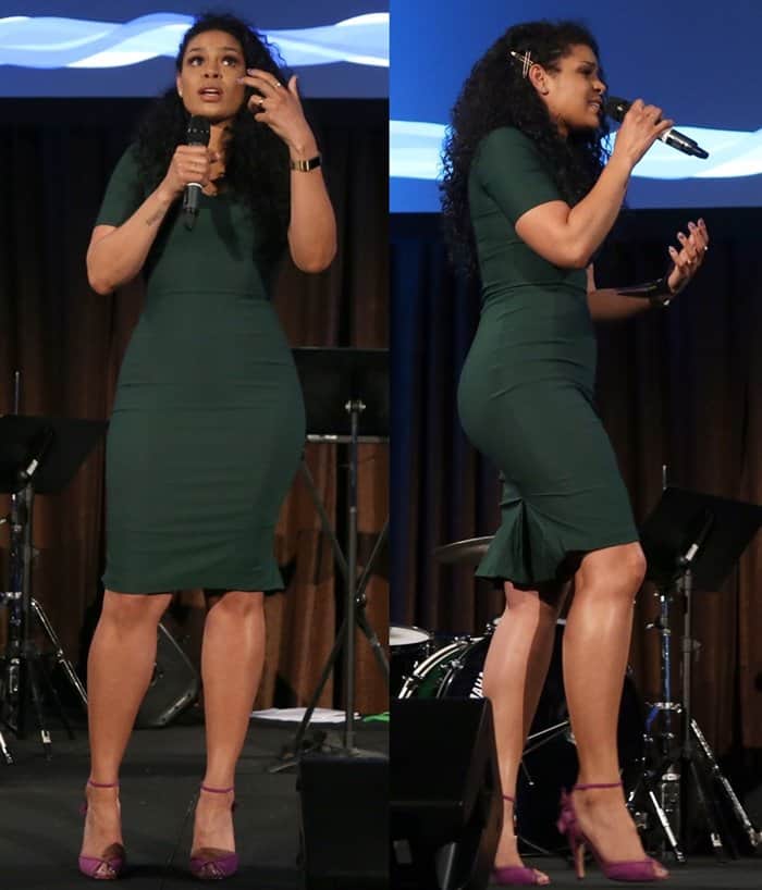 Jordin Sparks highlighted her curves in a bodycon dress with an elegant emerald green color