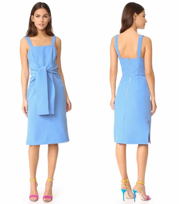Wide, attached ties wrap around the bodice of this tailored sky blue dress