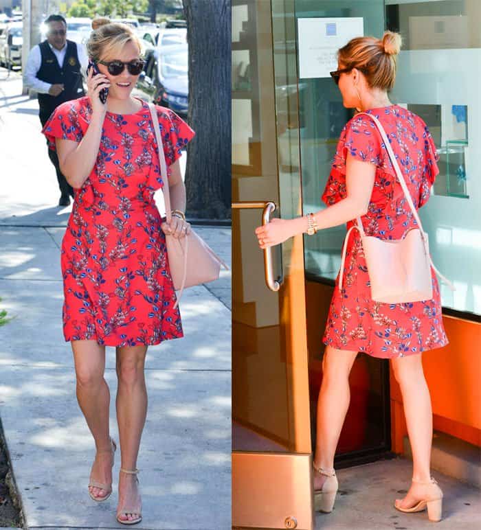 Reese Witherspoon wears a pretty floral mini dress for spa day