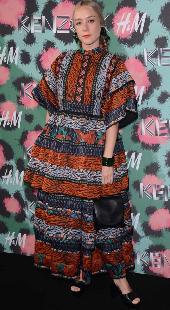 Chloe Sevigny wearing a Kenzo x H&M patterned maxi dress at the Kenzo x H&M fashion show