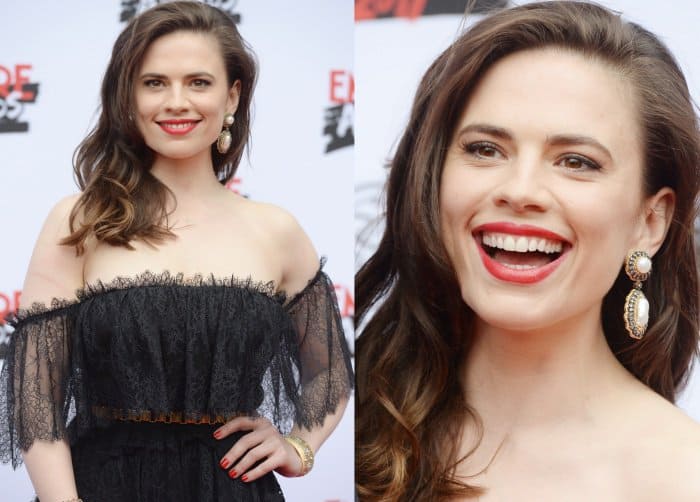 Hayley Atwell wearing a black lace frock from Philosophy di Lorenzo Serafini and red suede pumps from Jimmy Choo at the 2017 Three Empire Awards