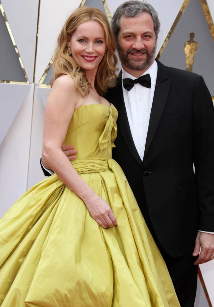 Leslie Mann wearing a chartreuse Zac Posen gown and Judd Apatow in a traditional tuxedo at the 2017 Oscars