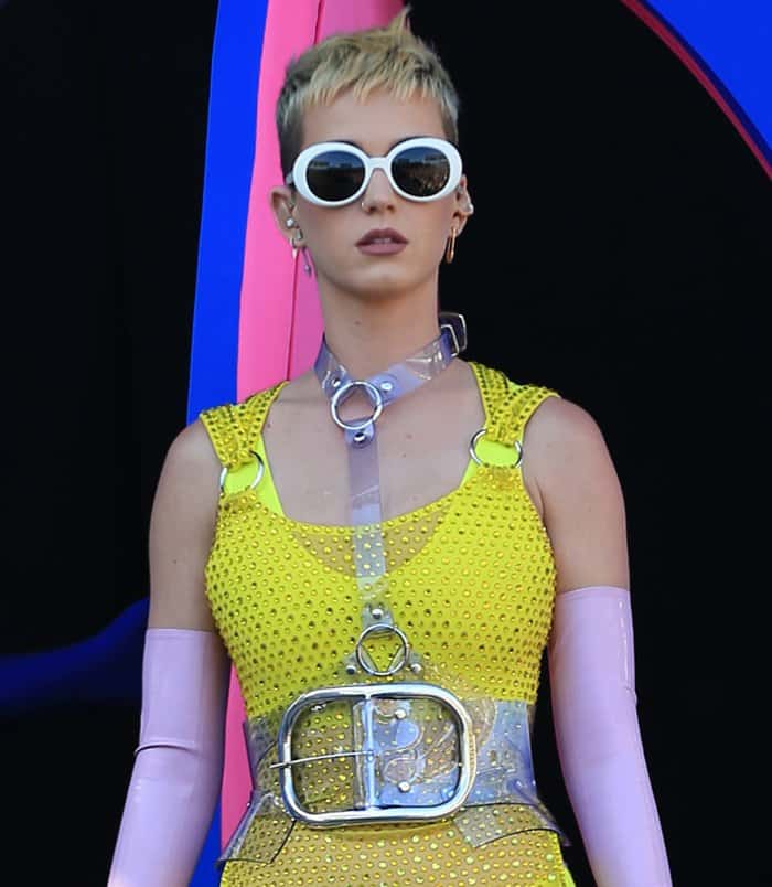 Katy Perry topped her look with a bondage-inspired body harness