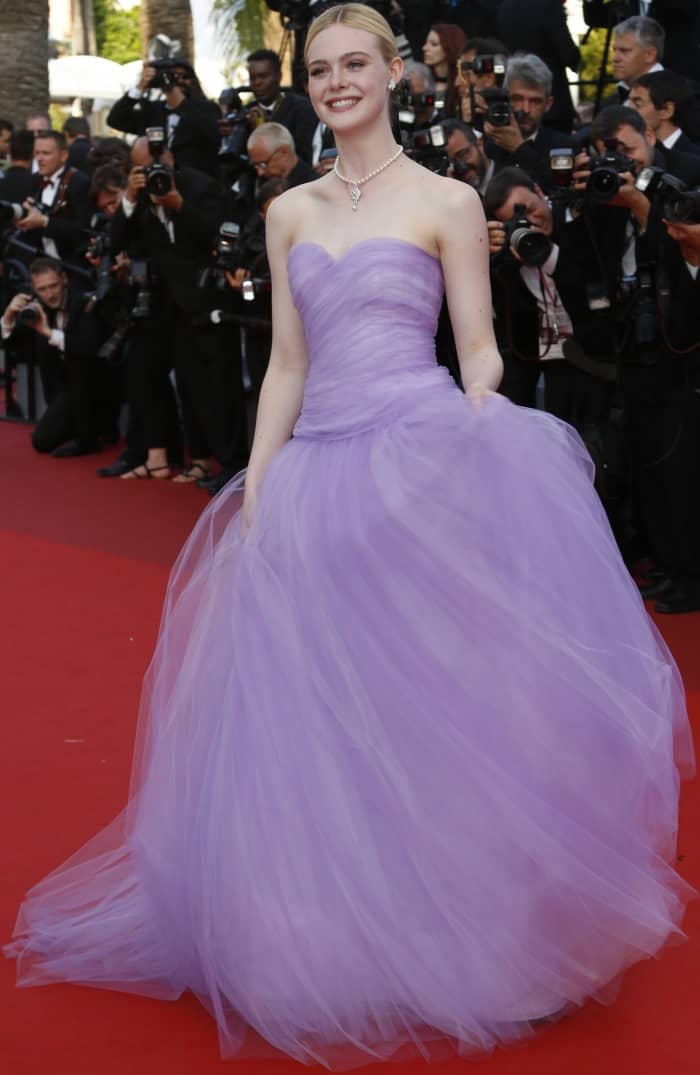 Elle Fanning wearing a Rodarte gown and Christian Louboutin shoes at the premiere of "The Beguiled" during the 70th annual Cannes Film Festival
