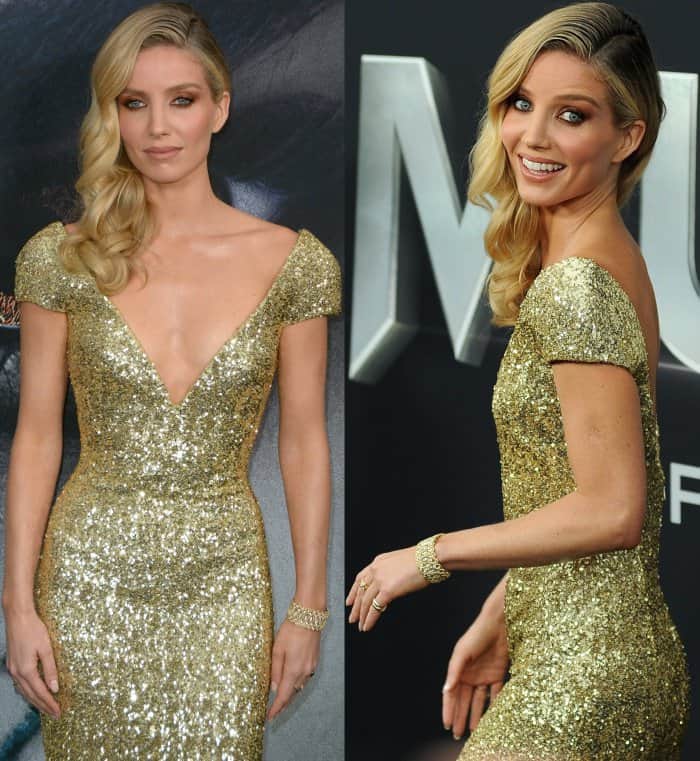 Annabelle Wallis wearing a custom gold Giorgio Armani gown at the New York premiere of "The Mummy"