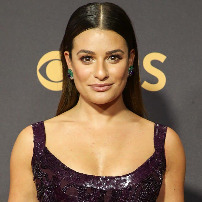 Lea Michele wearing a sequined Elie Saab Fall 2017 gown at the 2017 Emmy Awards held at the Microsoft Theater in Los Angeles on September 17, 2017